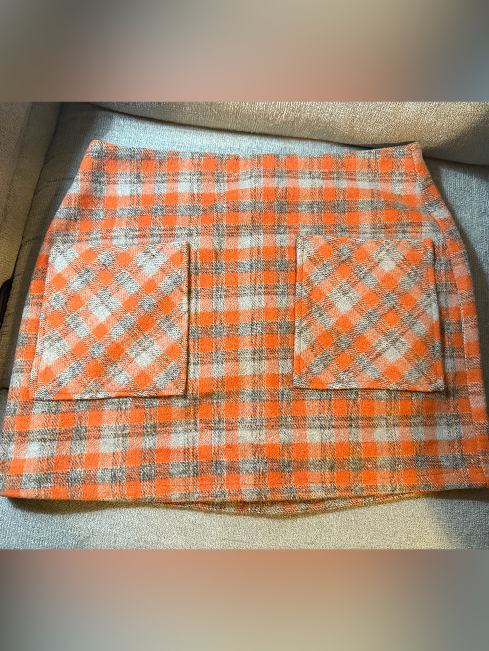 Orange Plaid Mini Skirt with Front Patch Pockets